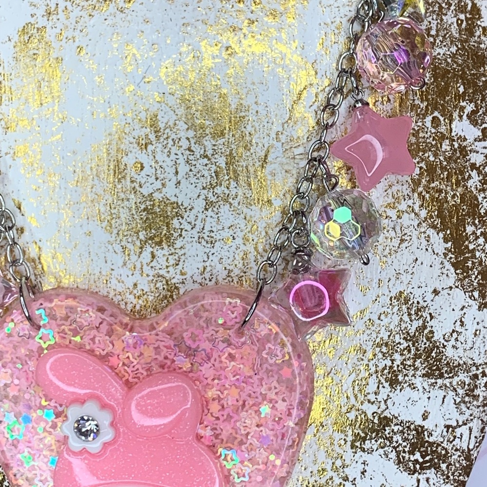 Pastel Pink Glitter Bunny heart charm necklace kawaii pastel goth sweet Lolita - Picture 3 of 5